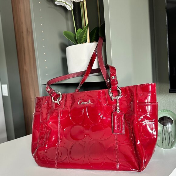 Coach Red Patent Leather Shoulder Tote Bag - Picture 1 of 6